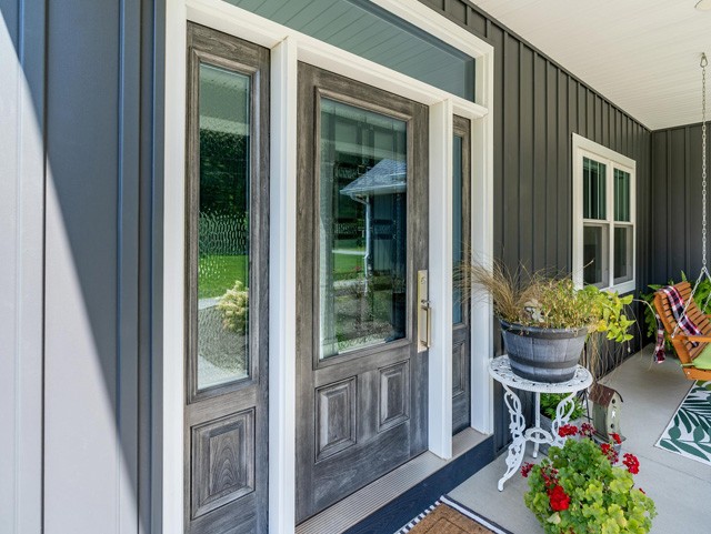 ProVia Doors Embarq in Dutch Gray with Laurence Decorative Glass